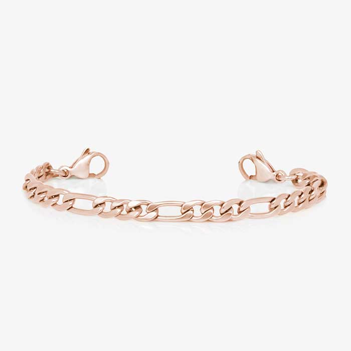 Delicate rose gold small figaro cuban chain with decorative medical ID tag in rose gold