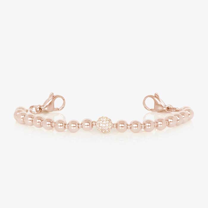 Rose gold beaded stretch medical ID bracelet with pave crystal centerpiece and mother of pearl medical alert tag