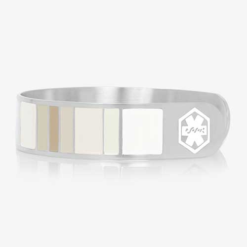 Side view of color block medical ID cuff bracelet with brown, tan, and cream inlay
