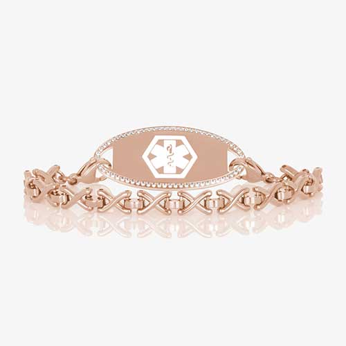 Lennox Medical ID Chain with X links in Rose Gold with Medical ID Tg Edged with Crystals.
