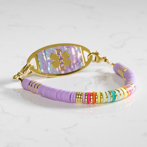 Fun and vibrant Girl Power Medical Alert Bracelet, featuring multicolor heishi beads, perfect for adding a stylish touch to medical ID jewelry