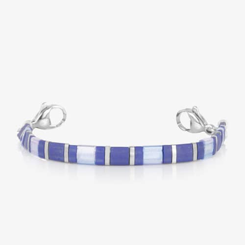 Blue and silver beaded medical ID bracelet chain featuring alternating tile-style links and lobster clasps for a secure, stylish fit