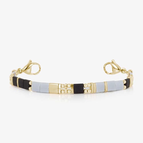 Gold-tone bracelet strand with black, light gray, and gold-tone rectangular beads and lobster clasps.