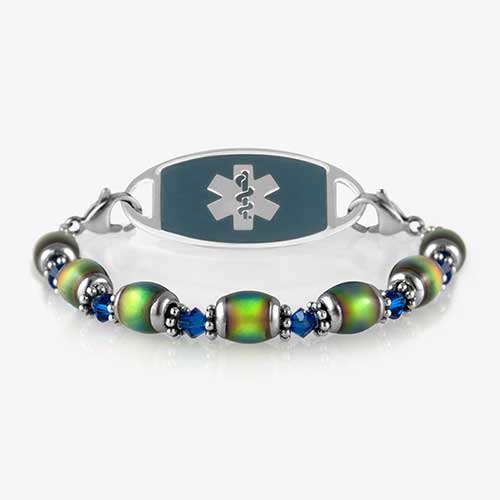 Color changing mood bead medical ID bracelet with blue sapphire medical ID tag
