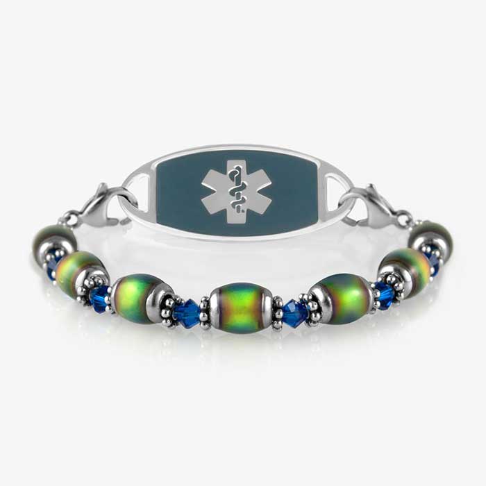 Color changing mood bead medical ID bracelet with blue sapphire medical ID tag