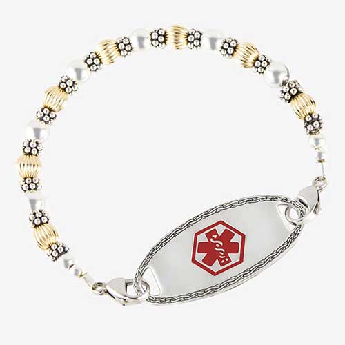 Gold and Silver Balis Stretch Medical ID Bracelet. Sterling silver balis, 14-karat gold- or silver-filled rounds, shown with stainless ID tag