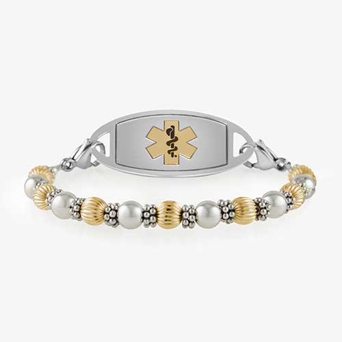 Gold and silver balis beads on stretch medical ID bracelet with silver and gold medical ID tag