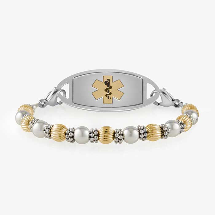 Gold and silver balis beads on stretch medical ID bracelet with silver and gold medical ID tag