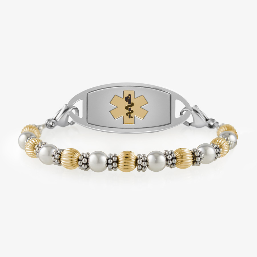 ぽん太Warren Slove 健康アクセサリー ４本 Melody Beaded Stretch Medical Alert Bracelet in Pearl and Gold