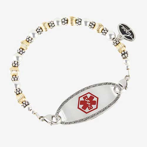 Gold and Silver Balis Stretch Medical ID Bracelet. Sterling silver balis, 14-karat gold- or silver-filled rounds, Hope charm shown with stainless ID tag