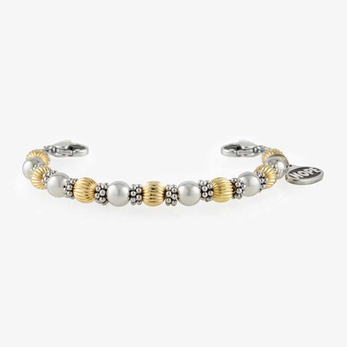 Gold and silver balis beads on stretch medical ID bracelet with silver and gold medical ID tag