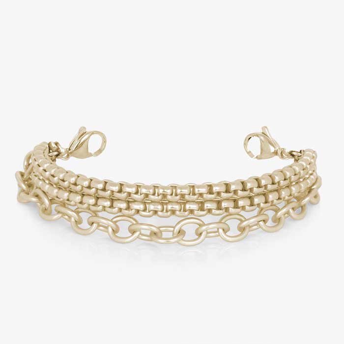 Three strand gold tone chain medical ID bracelet with decorative gold tone stainless steel med ID tag with mother of pearl inlay and gold symbol