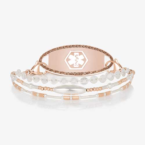 Rose and silver beaded medical alert bracelet with rose gold medical alert tag