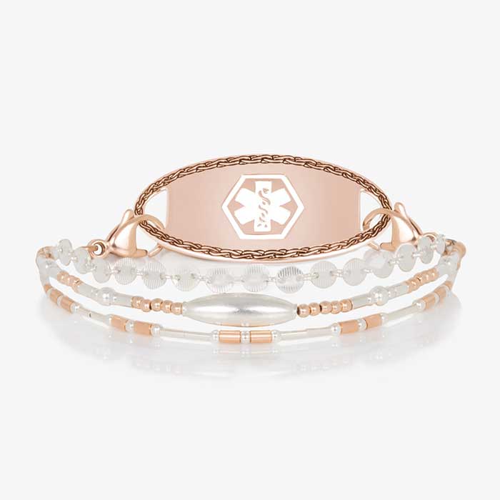 Rose and silver beaded medical alert bracelet with rose gold medical alert tag