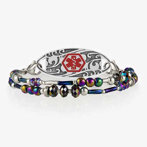Beaded medical alert bracelet with color-shifting beads and decorative medical alert tag with red cadu.