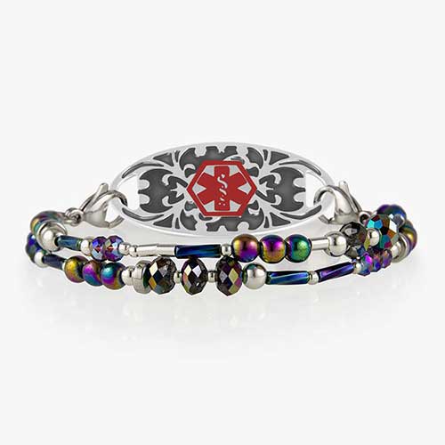 Beaded medical alert bracelet with color-shifting beads and decorative medical alert tag with red cadu.