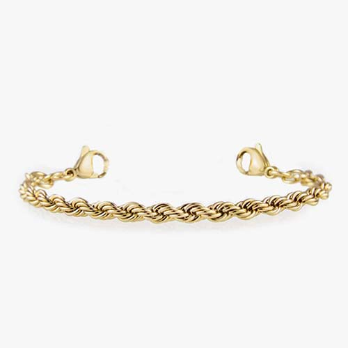 12 karat gold plated rope chain medical alert bracelet with gold tone stainless steel lobster clasps on each end.