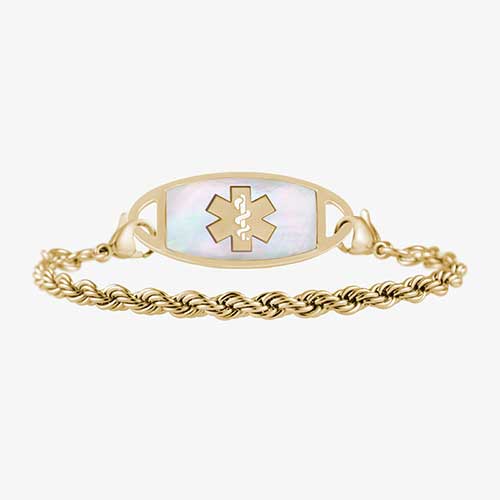 12 karat gold plated rope chain attached to gold tone medical ID tag featuring mother ofpearl inlay and a gold medical symbol