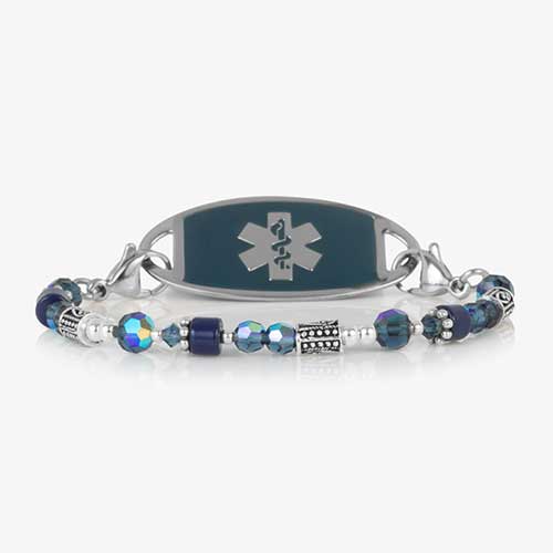Blue and silver beaded medical ID bracelet on jewelry elastic with stainless steel lobster clasps and sapphire blue decorative med ID tag.