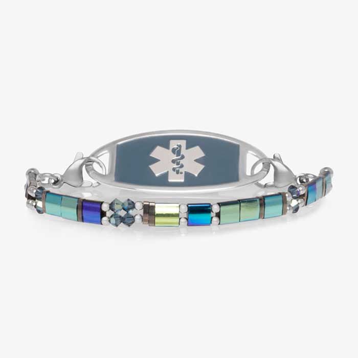 Blue, green and silver metallic beads with stainless steel lobster clasps and stainless steel decorative med ID tag