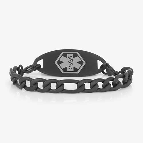 Vintage black figaro style chain with black and charcoal medical ID all in a sandblasted finish.