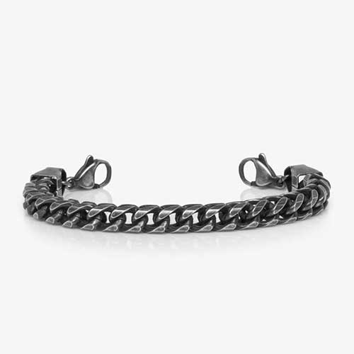 Stainless steel woven chain with antique finished with antiqued lobster clasps at each end of the bracelet.