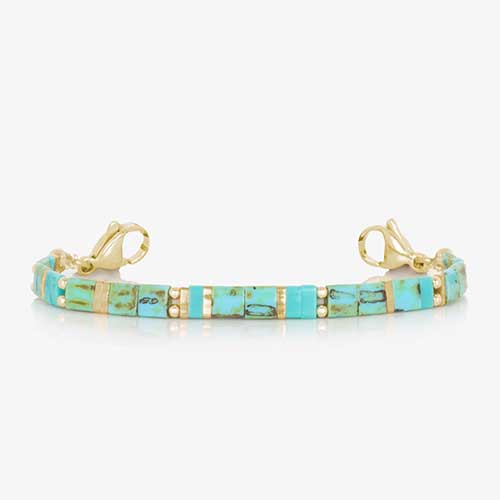 Turquoise and gold tone beaded stretch medical alert bracelet.