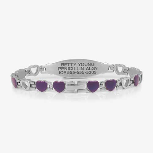 Stainless steel and Purple toned heart shaped links in an open and closed heart pattern attached to a stainless steel ID tag with white medical symbol.
