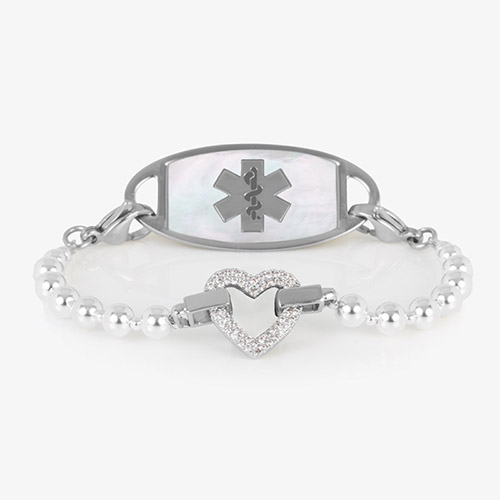 Silver medical ID bracelet chain with cute heart charm and stainless steel medical ID tag with white medical symbol