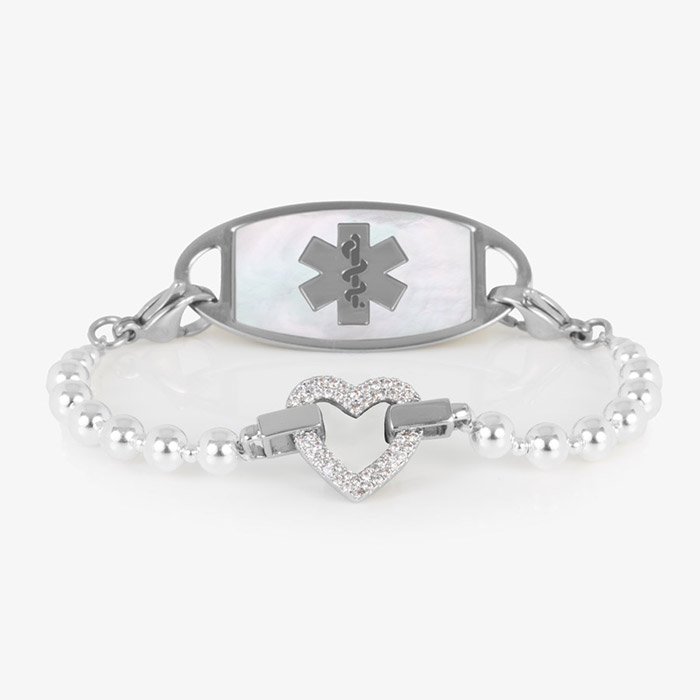 Silver medical ID bracelet chain with cute heart charm and stainless steel medical ID tag with white medical symbol