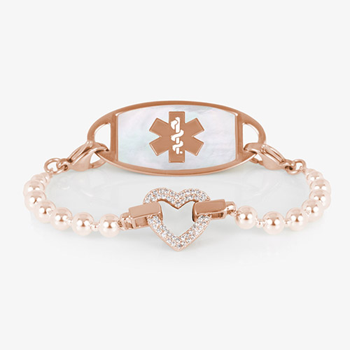 Rose gold medical ID bracelet chain with cute heart charm and stainless steel medical ID tag with mother of pearl inlay