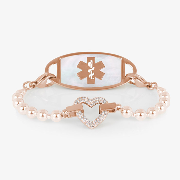 Rose gold medical ID bracelet chain with cute heart charm and stainless steel medical ID tag with mother of pearl inlay