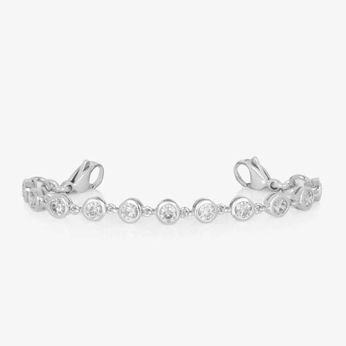 Rhodium and palladium plated women's medical alert bracelet with clear, round, bezel set cubic zirconia crystals paired with stainless steel mother of pearl inlay medical ID tag.