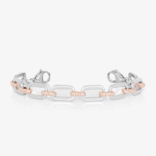 Silver tone oval linked medical ID bracelet with 14k rose gold plated accents finished with stainless steel lobster clasps at each end.
