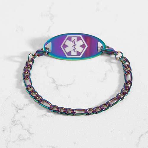Color shift magic finish chain with small figaro pattern, attached to an oval, magic finish medical ID
