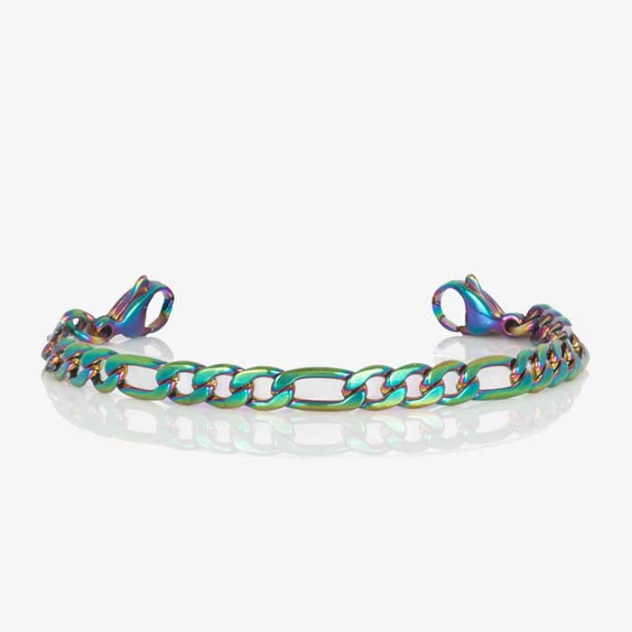 Color shift magic finish chain with small figaro pattern, attached to an oval, magic finish medical ID