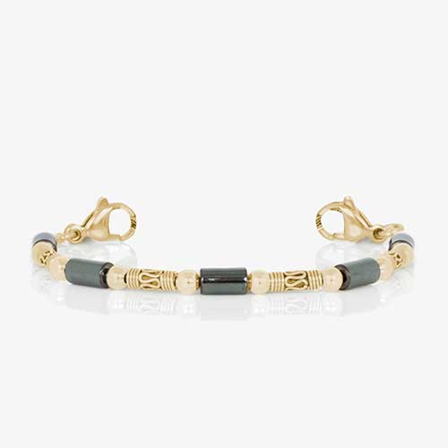 12k gold plated and hematite beaded stretch medical alert bracelet.
