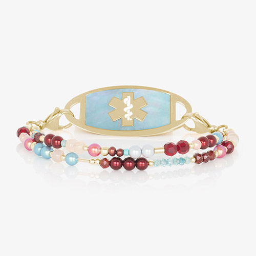 Dahlia Beaded Medical ID Bracelet with Gold and blue mother of pearl Medical ID Tag