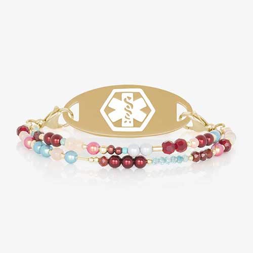 Dahlia Beaded Medical ID Bracelet with brushed gold medical ID tage and white caduceus.
