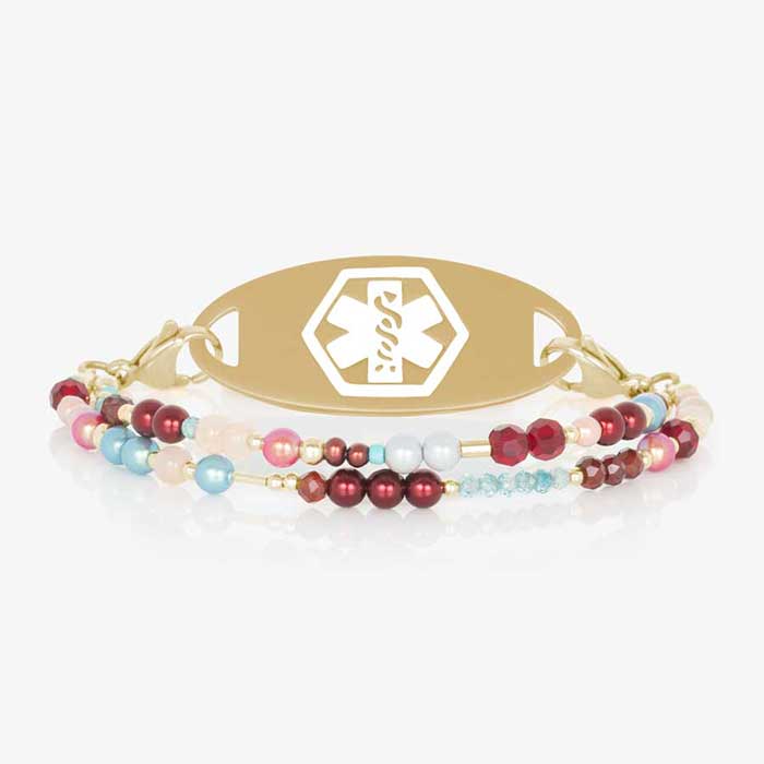 Dahlia Beaded Medical ID Bracelet with brushed gold medical ID tage and white caduceus.