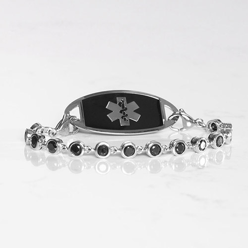 Sophisticated Ella Medical ID bracelet in black and silver, part of our medical alert jewelry for women, featuring interchangeable design.