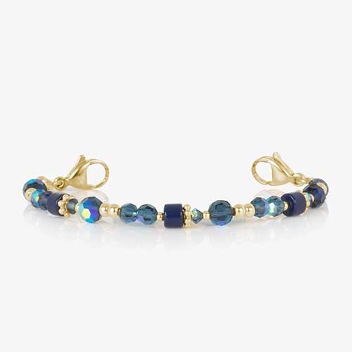 Blue and gold beaded medical ID bracelet on jewelry elastic with gold tone lobster clasps.