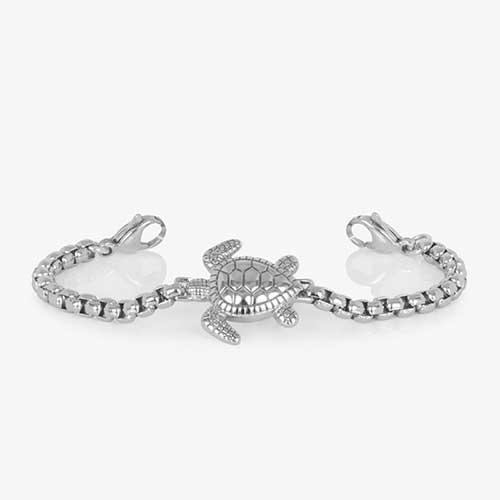 Silver beaded bracelet featuring a sea turtle centerpiece, attached to a stainless steel medical ID with mother of pearl inlay.