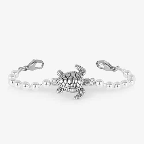 Silver beaded bracelet featuring a sea turtle centerpiece.