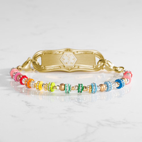 Capri Multicolor Beaded Medical ID Bracelet, featuring a vibrant mix of beads and gold and silver accents, ideal for everyday wear