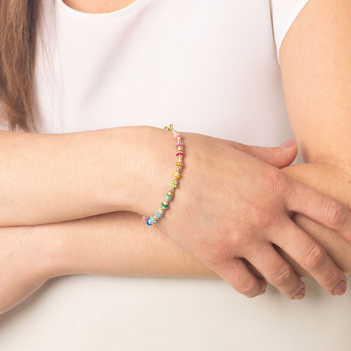 Capri Medical Alert Bracelet with multicolor beads and cubic zirconia, shown on wrist for a playful and functional accessory