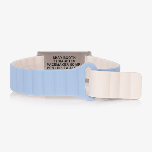 Hypoallergenic Urban MagSport medical alert bracelet in Powder Blue, featuring a Lauren’s Hope custom engraved ID tag with a brushed silver finish
