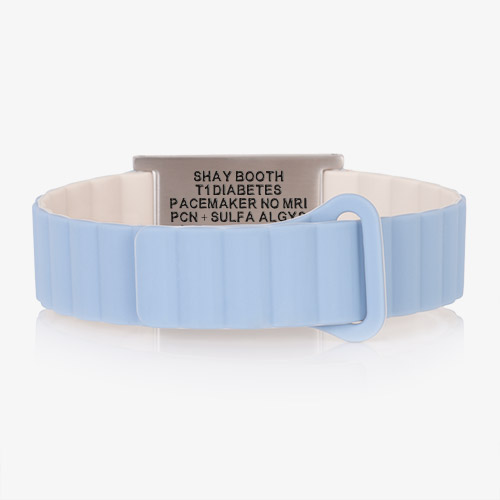 Fully magnetic Urban MagSport Medical ID Bracelet in Powder Blue, shown with Lauren’s Hope custom engraved medical ID tag, designed for comfort and safety
