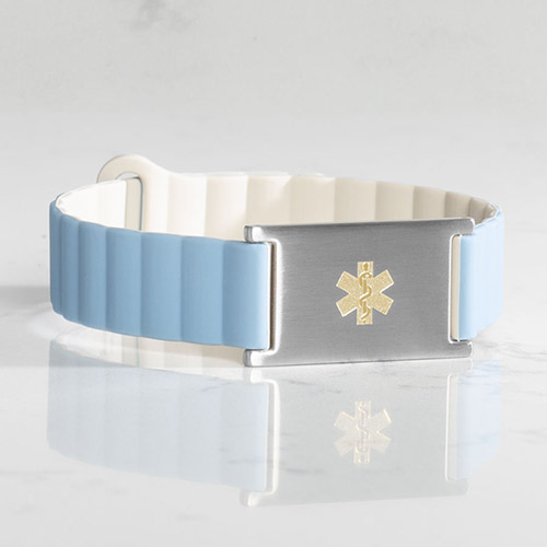 Urban MagSport Medical alert bracelet in Powder Blue, featuring a fully magnetic silicone band and interchangeable stainless steel Lauren’s Hope medical ID tag