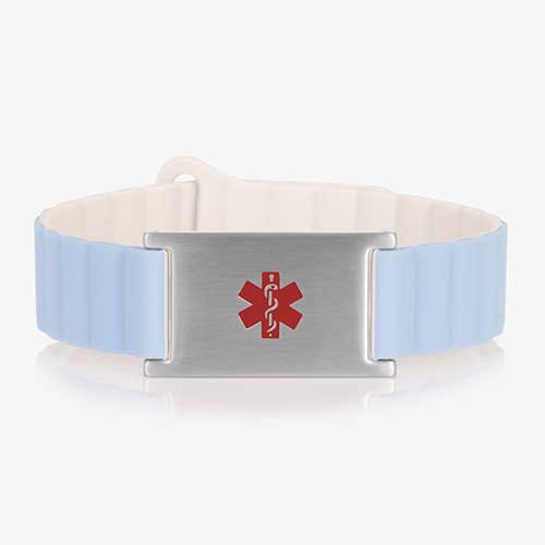 Urban MagSport Medical ID Bracelet in Powder Blue with Urban stainless steel medical ID tag, featuring a silver finish and red medical symbol